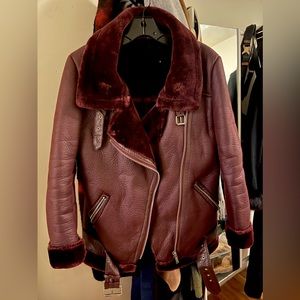 Burgundy Faux Shearling Leather Moto Jacket
